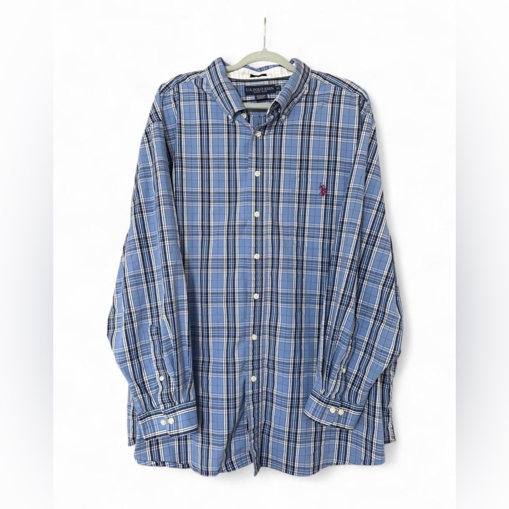 US Polo Assn Men’s 3XL Stretch Plaid Button Down Shirt Blue | Cotton Blend